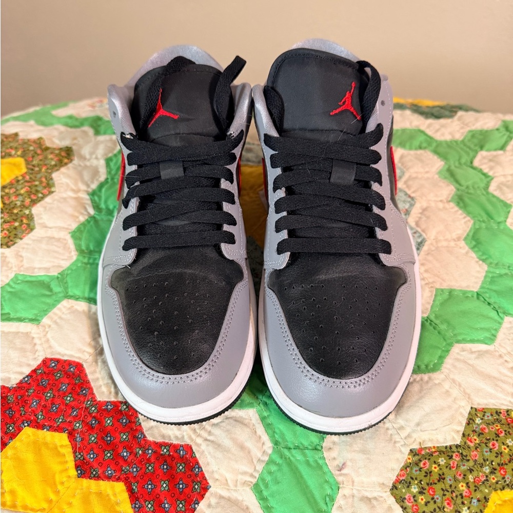 Black and Gray Sneakers with Red Logo